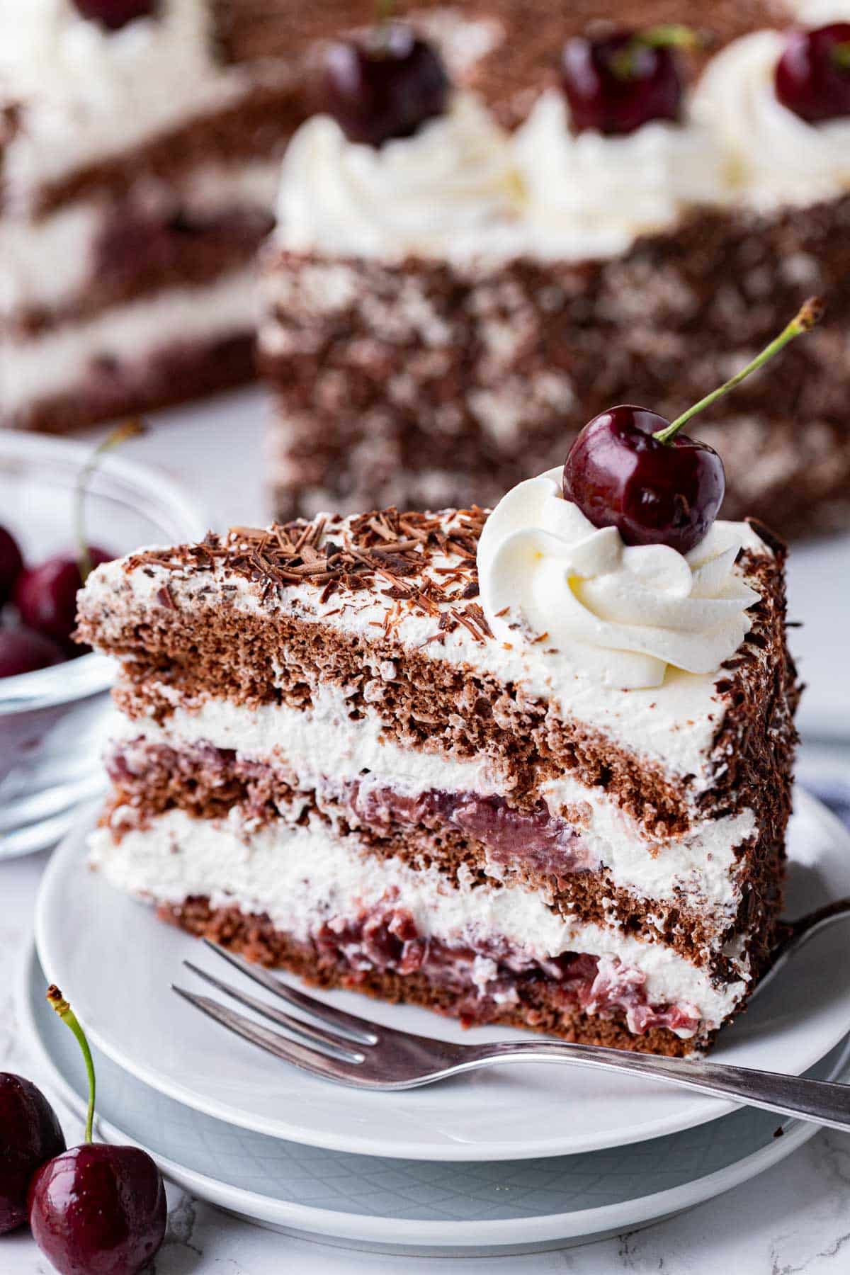 A slice of Black Forest gateau cake on a small plate with a fork.