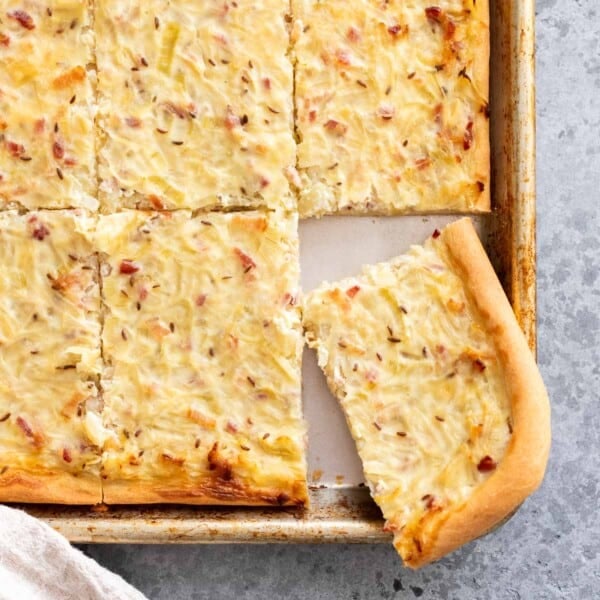 German Onion Pie on a baking sheet.