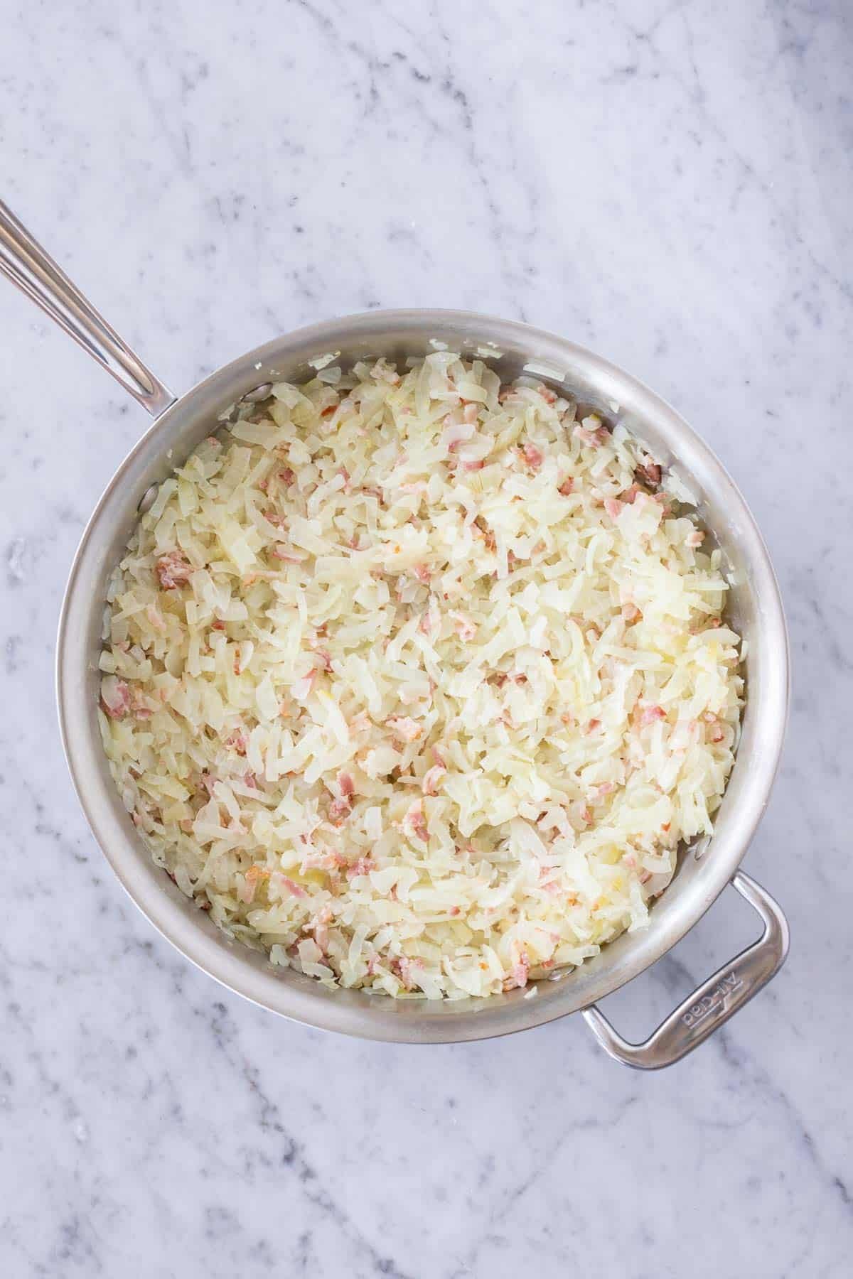 Onion mixture in a pan.