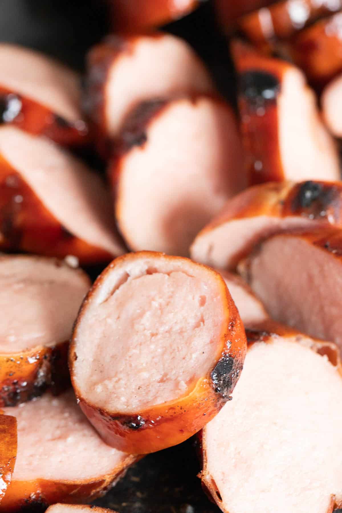 Sliced smoked sausage for Currywurst.